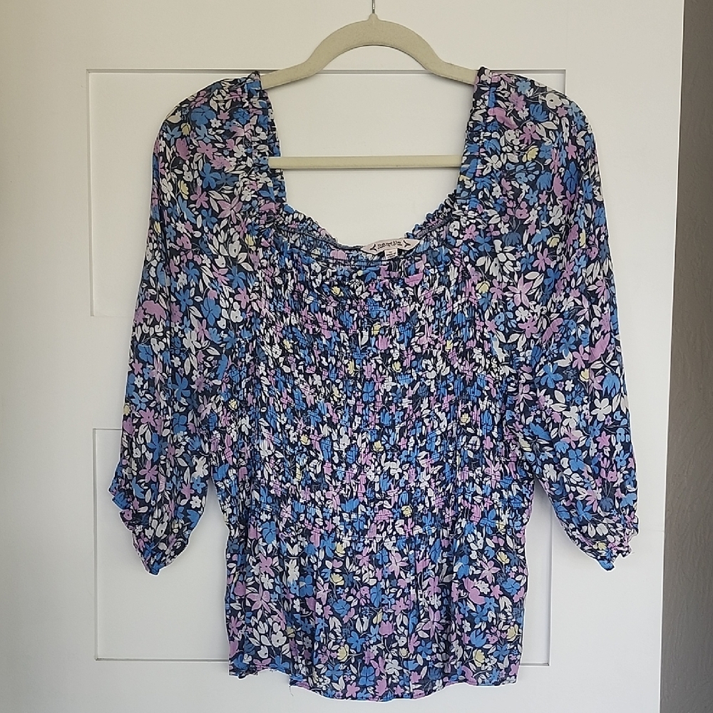 Nanette Lepore Blue and Pink Smocked Blouse